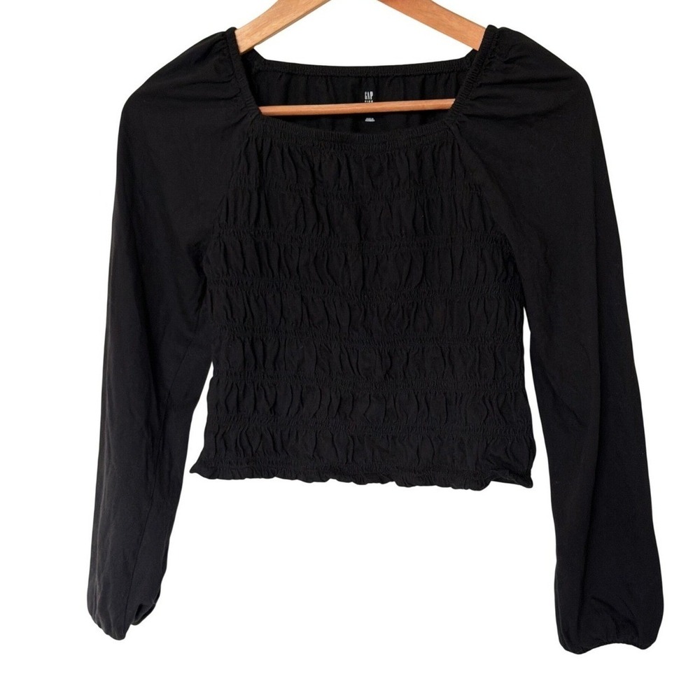 Gap Kids Top Girls XL 12 Smocked Front True Black V2 Long Sleeve EUC